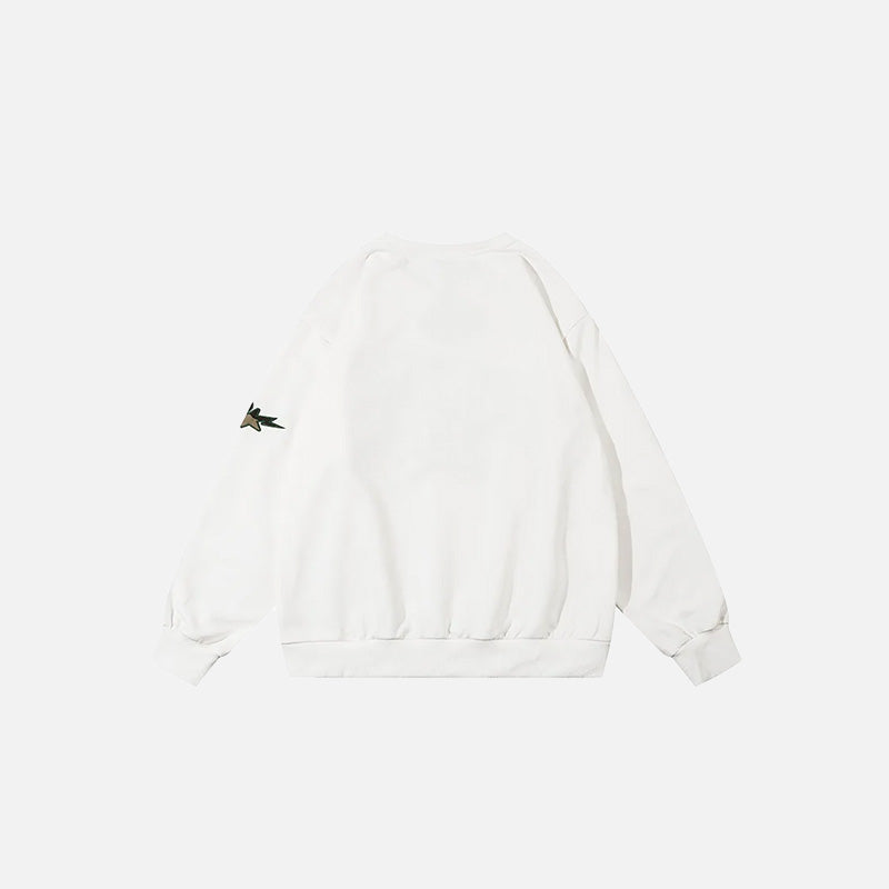 Back view of the white Battle Vibes Camo Sweatshirt in a gray background