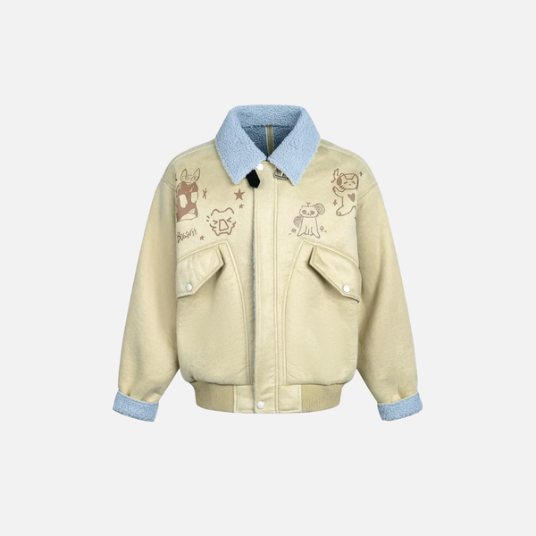 Vintage Cartoon Cat Print Sherpa Faux Fur Jacket