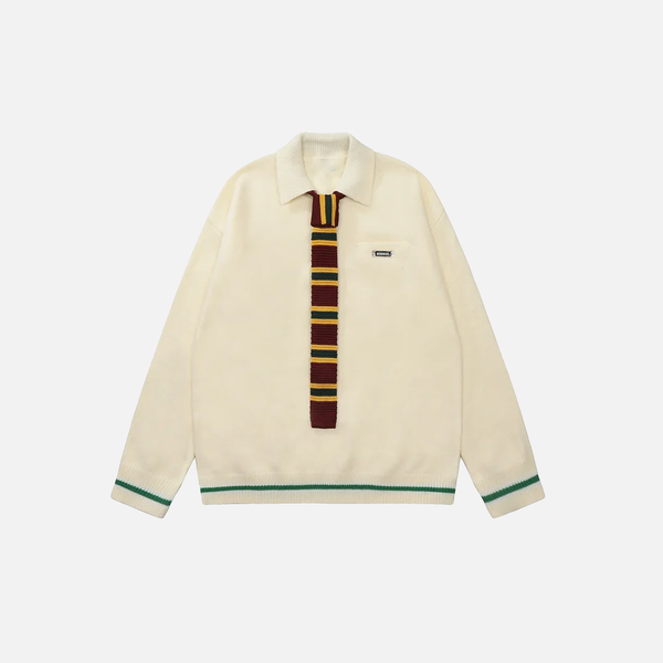 Y2K Preppy Striped Tie Collar Knit Sweater