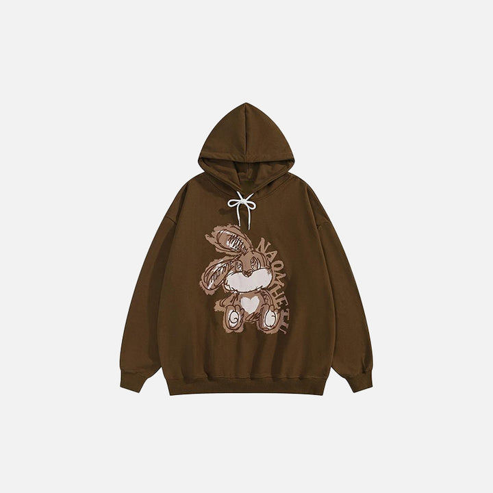 Front view of the coffee Loose Retro Rabbit Printed Hoodie in a gray background 