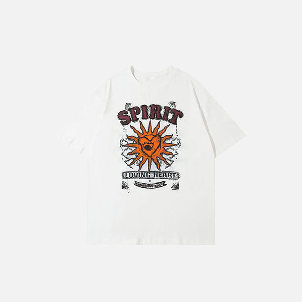 Front view of the white Gothic Loose Sun Spirit Graphic T-Shirt in a gray background 