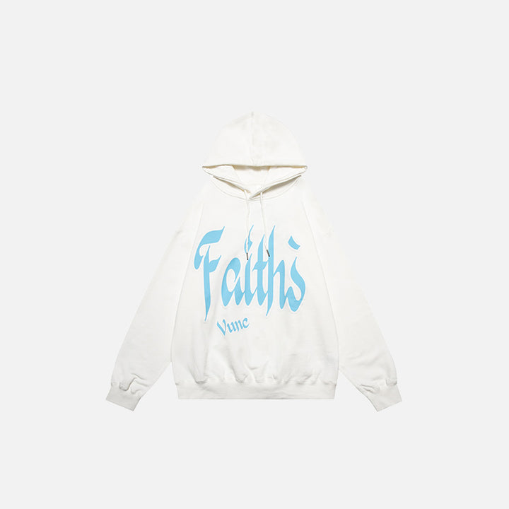 Front view of the white "Faith's" Letter Print Loose Hoodie in a gray background 