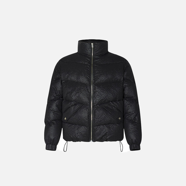 Front view of the black winter Oversized Puffer Jacket in a gray background 