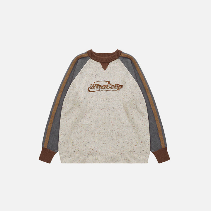 Front view of the white sand Vintage Stitching Color Dot Sweater in a gray background 