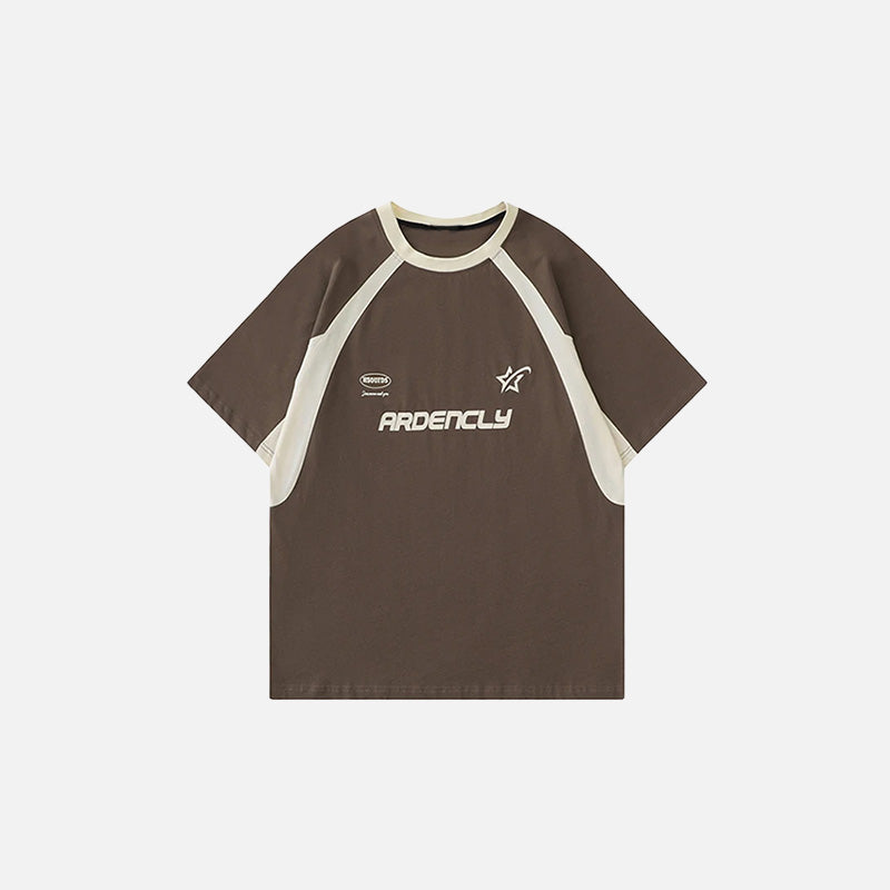 Front view of the brown Loose Racing Patchwork T-shirt in a gray background
