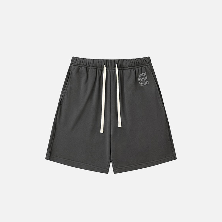 Front view of the dark gray Letter Print Loose Shorts in a gray background