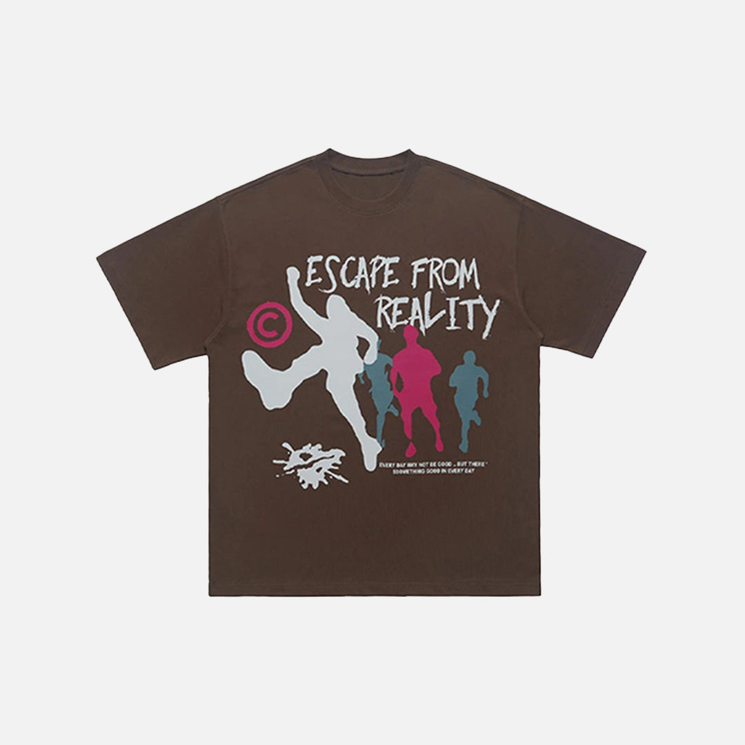 Front view of the brown Reality Runner T-shirt in a gray background