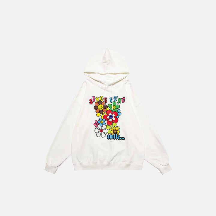 Front view of the white Flower Season Loose Hoodie in a gray background 