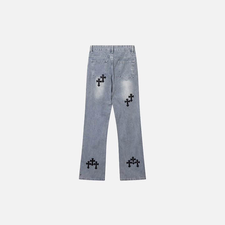 Back view of the Cross Embroidered Wide Leg Jeans in a gray background 