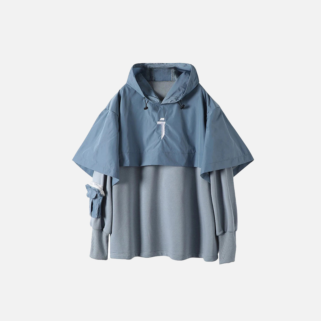 Front view of the blue Vintage-Inspired Layered Utility Hoodie in a gray background