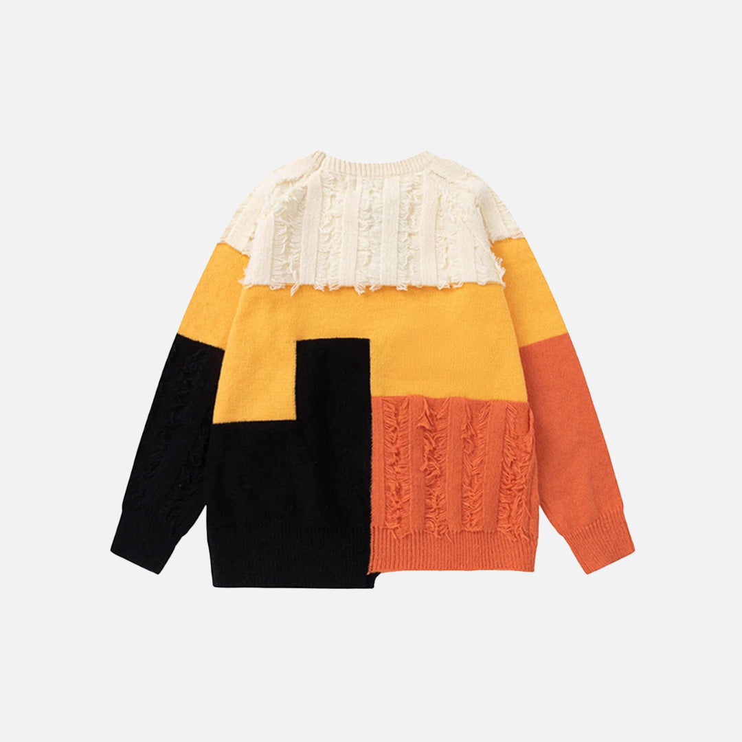 Back view of the beige Mosaic Harmony Sweater in agray background