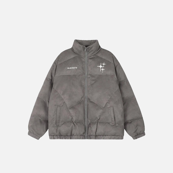 Front view of the gray Loose Star Embroidery Puffer Jacket in a gray background