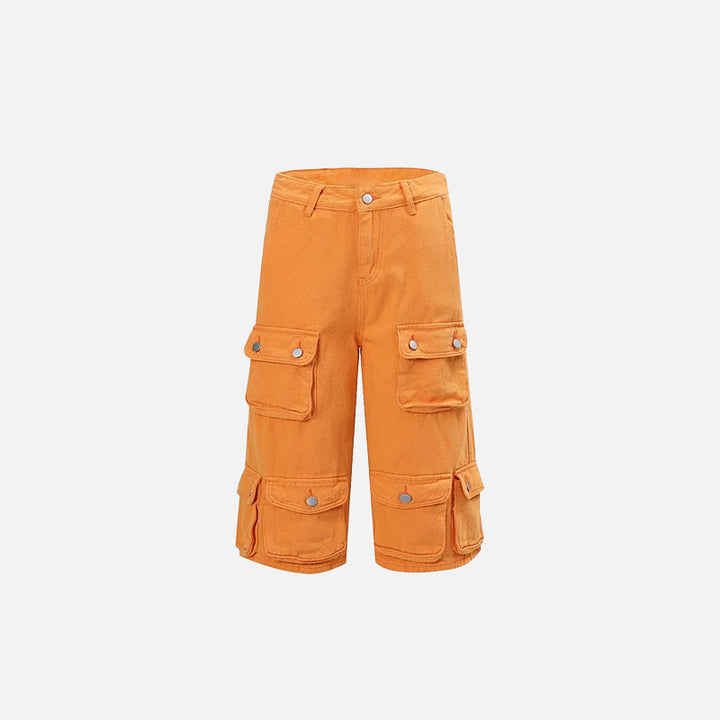 Front view of the orange Heavy-duty Multi-pocket Cargo Jorts in a gray background 
