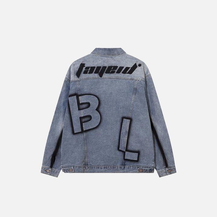 Back view of Retro Blue Washed Denim Jacket in a gray background