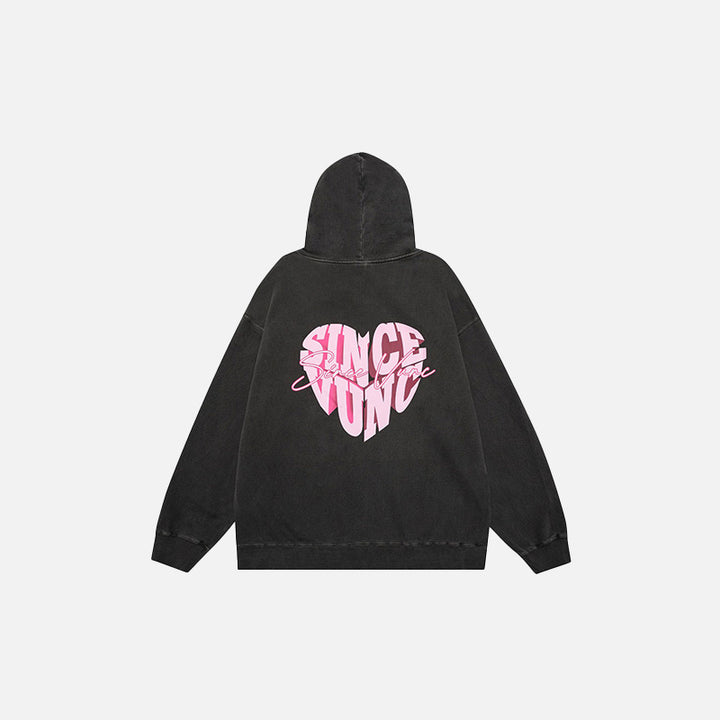 Back view of the ink black Loose Peach Heart Washed Hoodie in a gray background 
