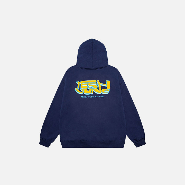 Back view of the navy blue "No" Letter Print Loose Hoodie in a gray background 