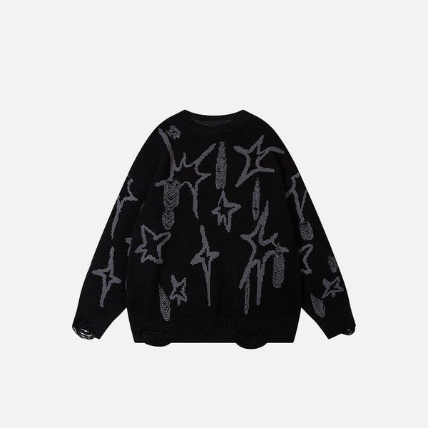 Front view of the black Loose Knitted Patches Ripped Sweater in a gray background