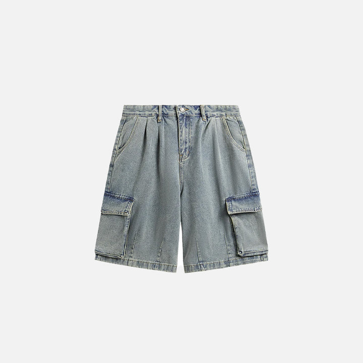 Front view of the light blue Vintage Denim Cargo Jorts in a gray background