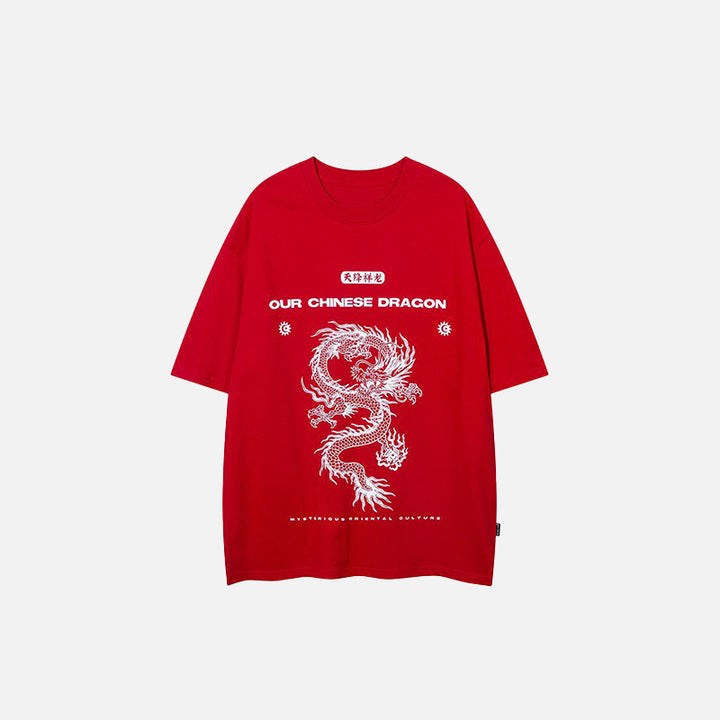 Front view of the red Chinese Dragon Graphic T-shirt in a gray background  
