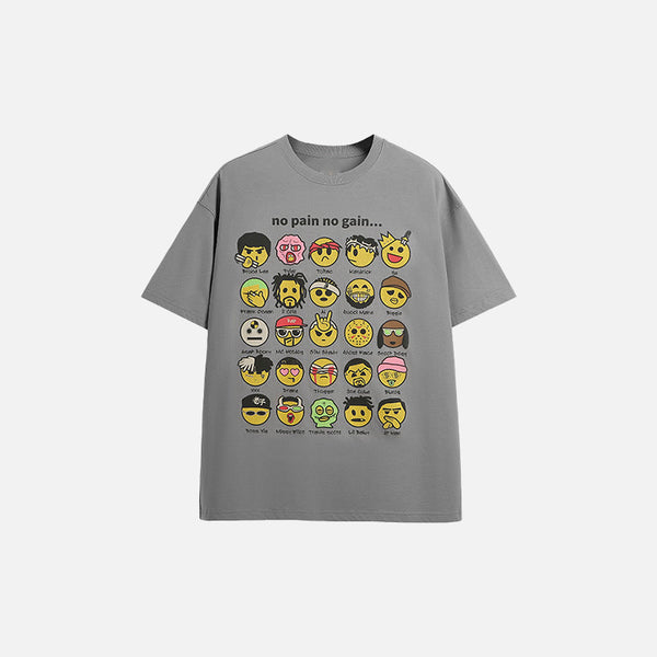 Front view of the gray No Pain No Gain Emojis T-shirt  in a gray background 