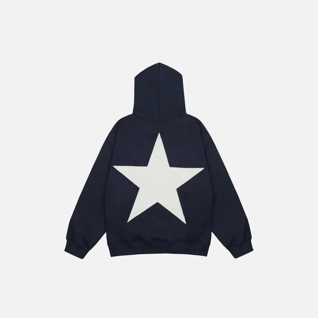 Back view of the navy blue Y2K Starburst Hoodie in a gray background