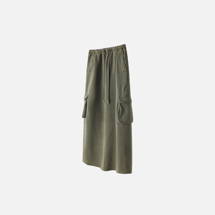 Front view of the grey green Women's Retro Loose Slit Pockets Skirt in a gray background 