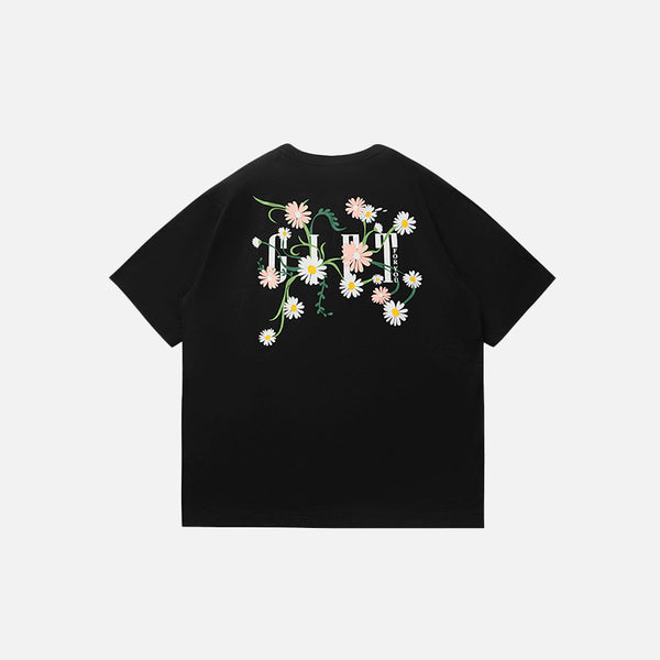 Front view of the black Flower Print Loose T-shirt in a gray background 