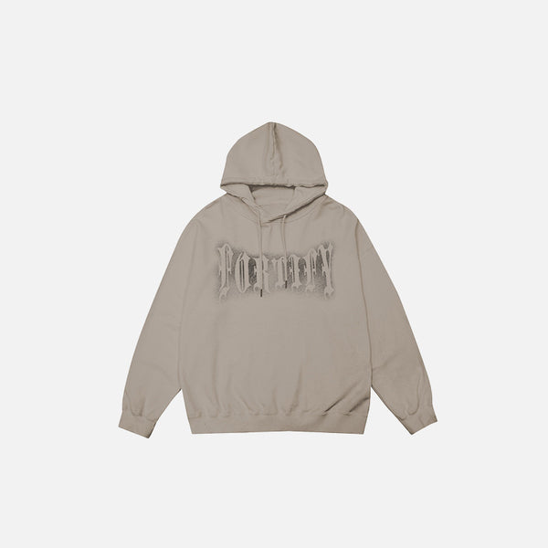 Front view of the camel Oversized Graphic Loose Hoodie in a gray background 