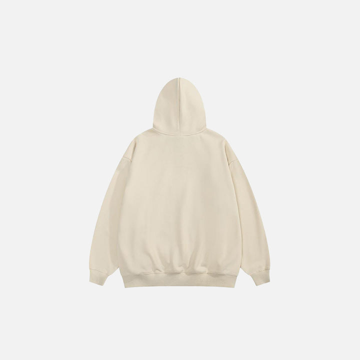 Back view of the apricot "I Hate This" Letter Print Hoodie in a gray background
