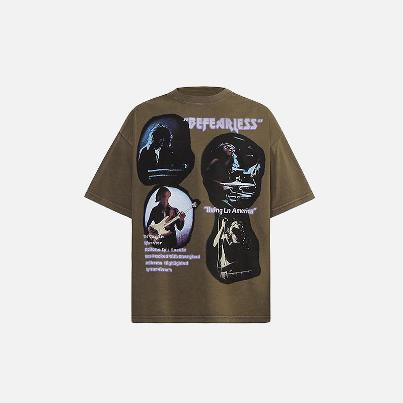 Front view of the brown Fearless Rock Legend T-shirt in a gray background