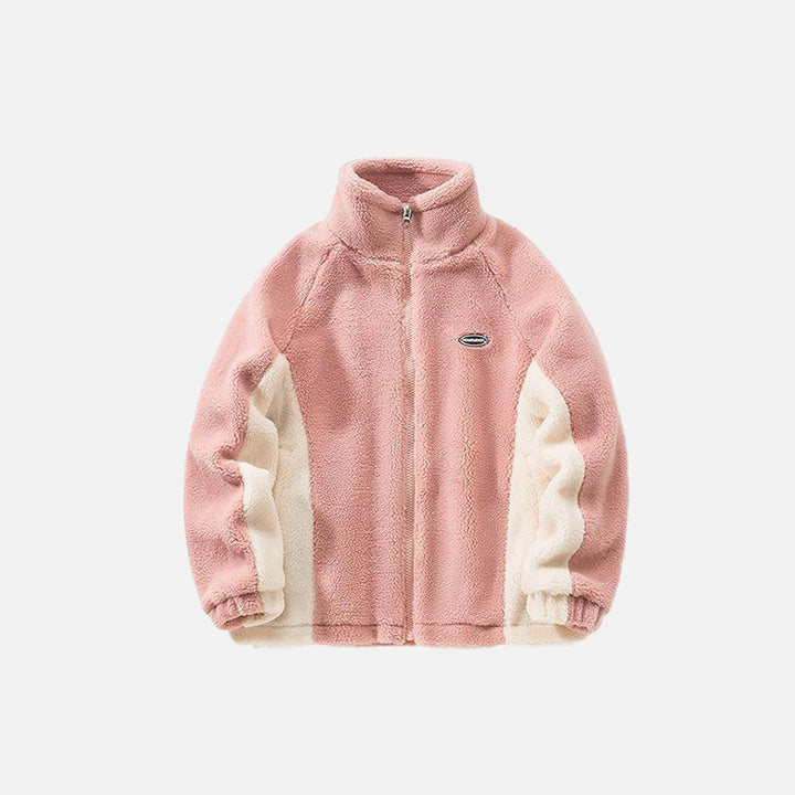 Front view of the pink Fluffy Fleece Zip-up Fuzzy Jacket in a gray background
