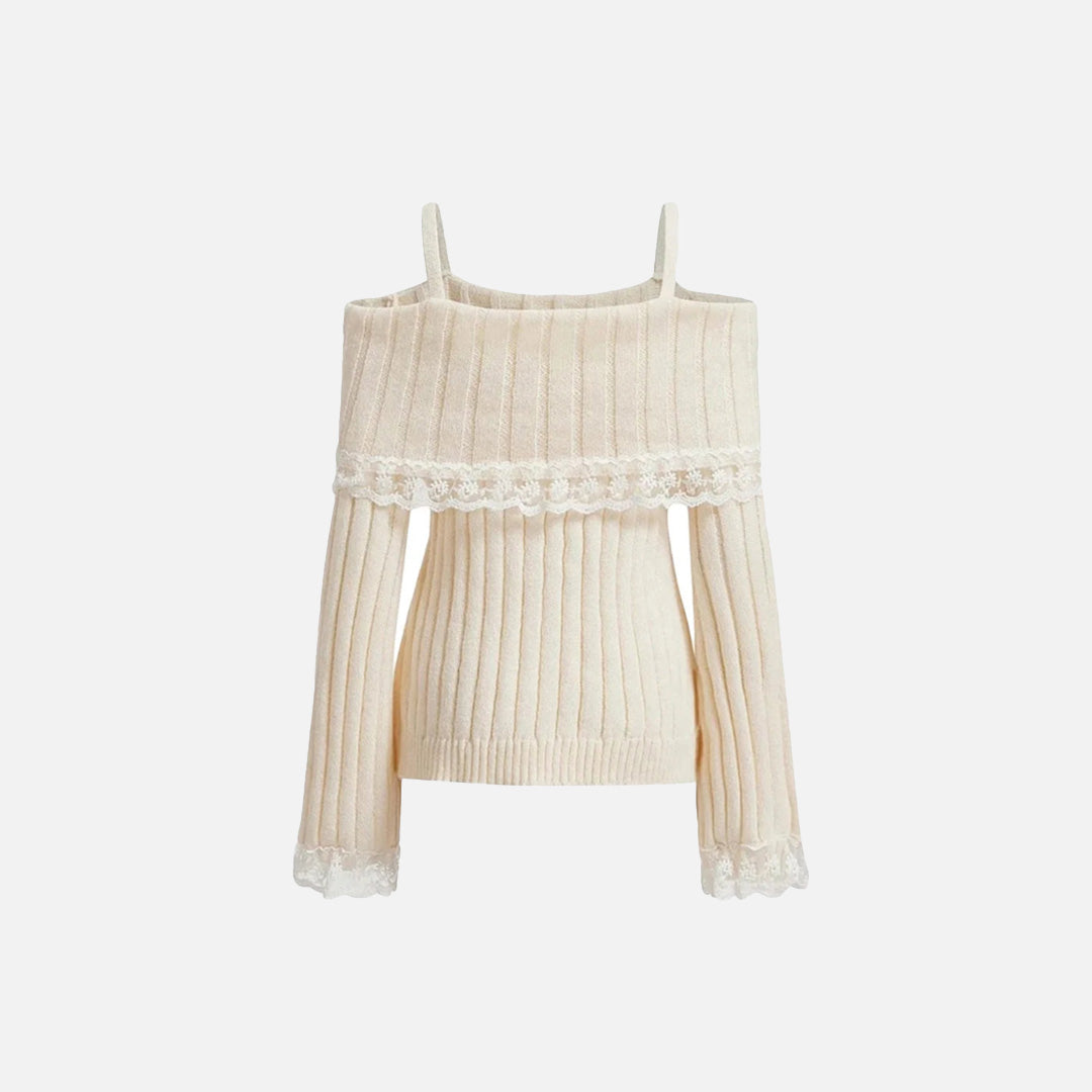 Front view of the beige Mode Lace Portrait Sweater in a gray background