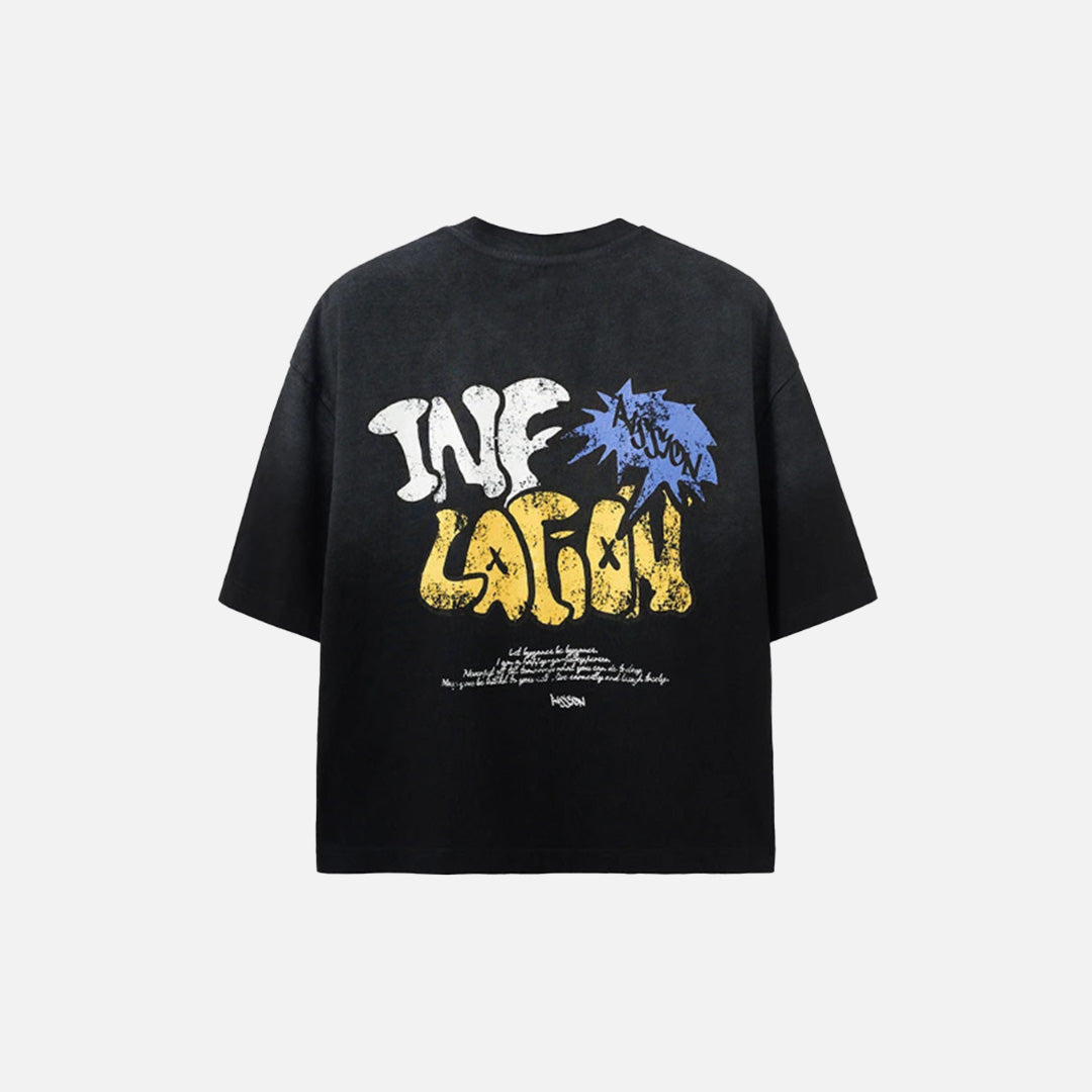 Back view of the black Bag-Head Expression T-Shirt in a gray background