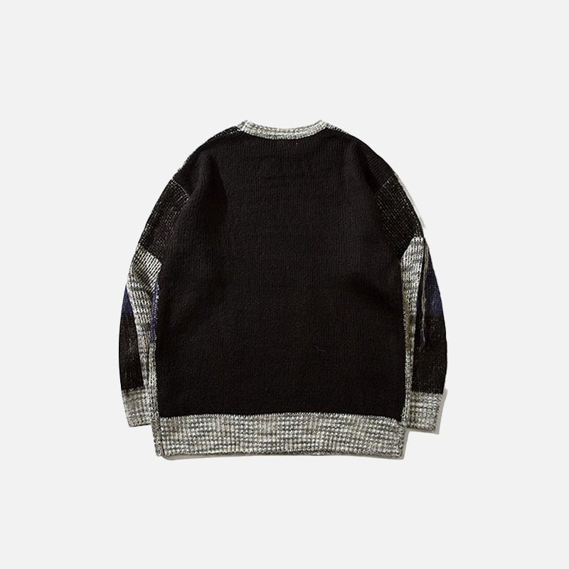 Back view of the gray Patchwork Multi Color Loose Sweater in a gray background 