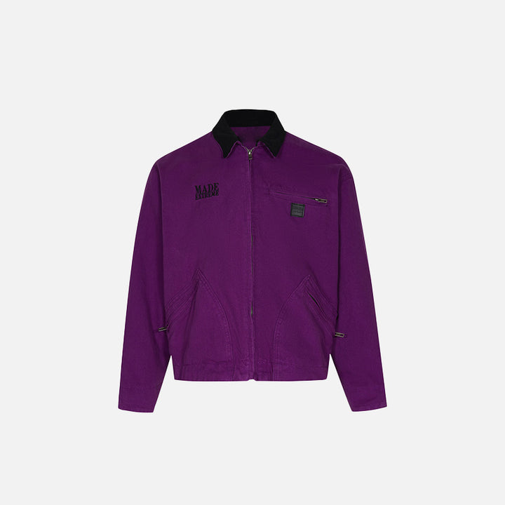 Front view of the purple Vintage Loose Jacket in a gray background 