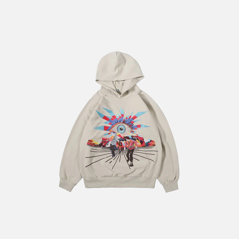Front view of the beige Cosmic Eye Adventure Hoodie in a gray background