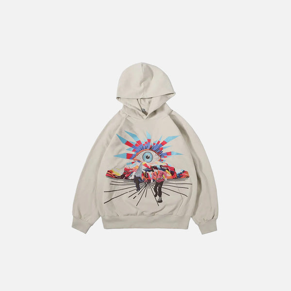 Front view of the beige Cosmic Eye Adventure Hoodie in a gray background