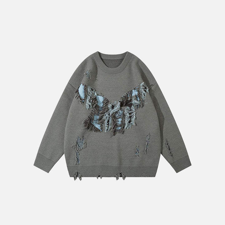 Front view of the gray Butterfly Embroidery Ripped Sweater in a gray background