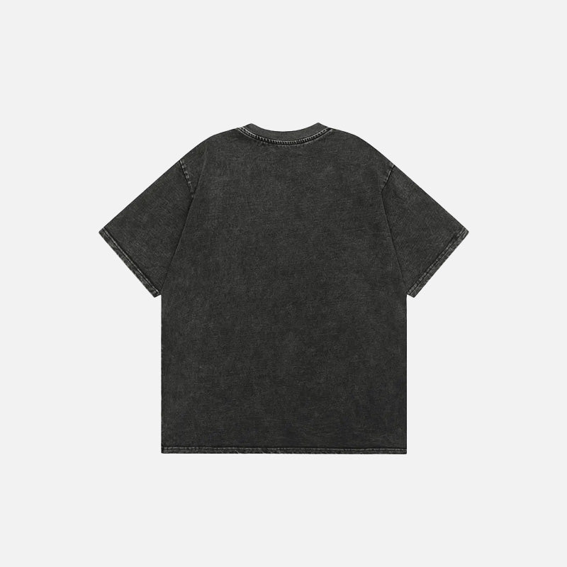 Back view of the black Vintage Retro Embroidery Patch T-shirt  in a gray background