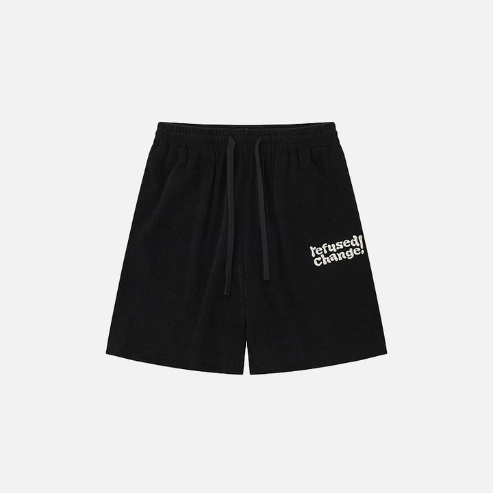 Front view of the black "Refused Change!" Printed Shorts in a gray background 