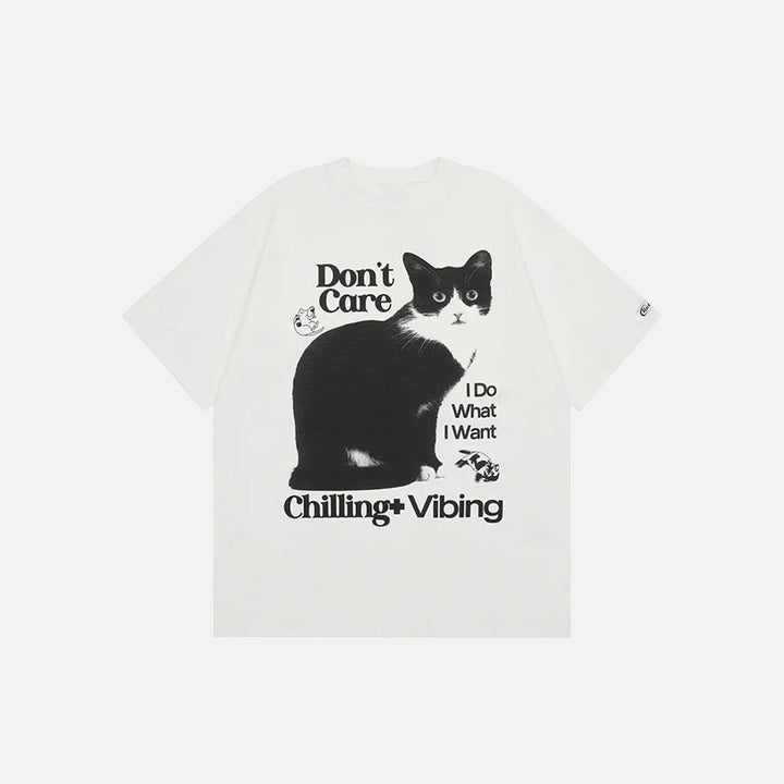Front view of the white Chilling Cat Graphic T-shirt in a gray background