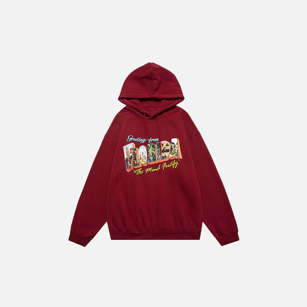 Front view of the red "Florida" Fleece Letter Print Hoodie in a gray background 
