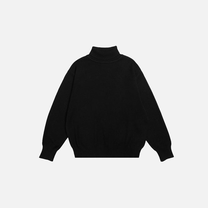 Front view of the black Turtleneck Loose Solid Color Sweater in a gray background 