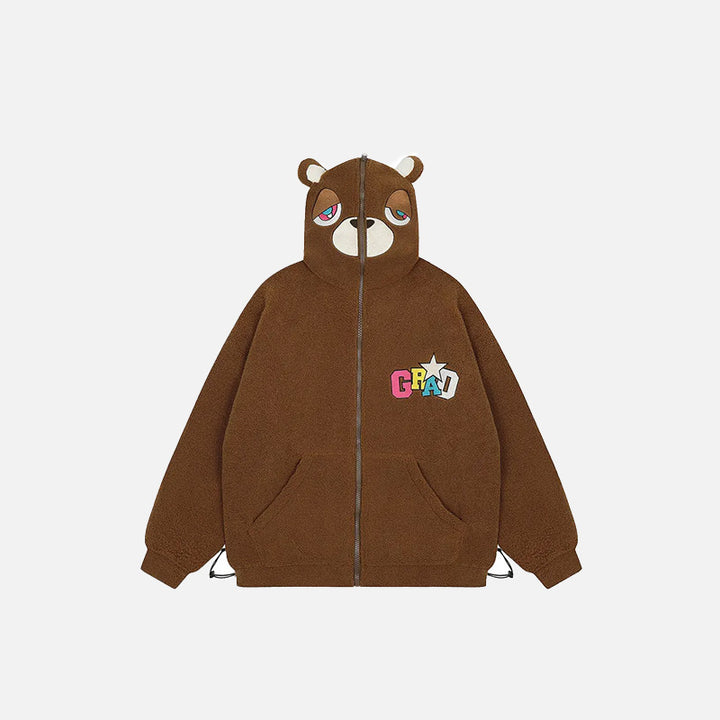Front view of the brown Loose Sad Bear Ears Fleece Jacket in a gray background