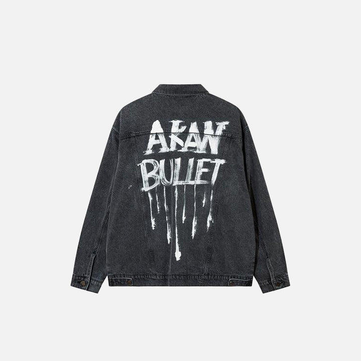 Back view of the "Bullet" Letter print Washed Jacket in a gray background