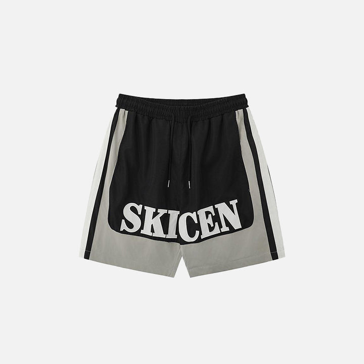 Front view of the black Contrast Color Drawstring Sports Shorts in a gray background
