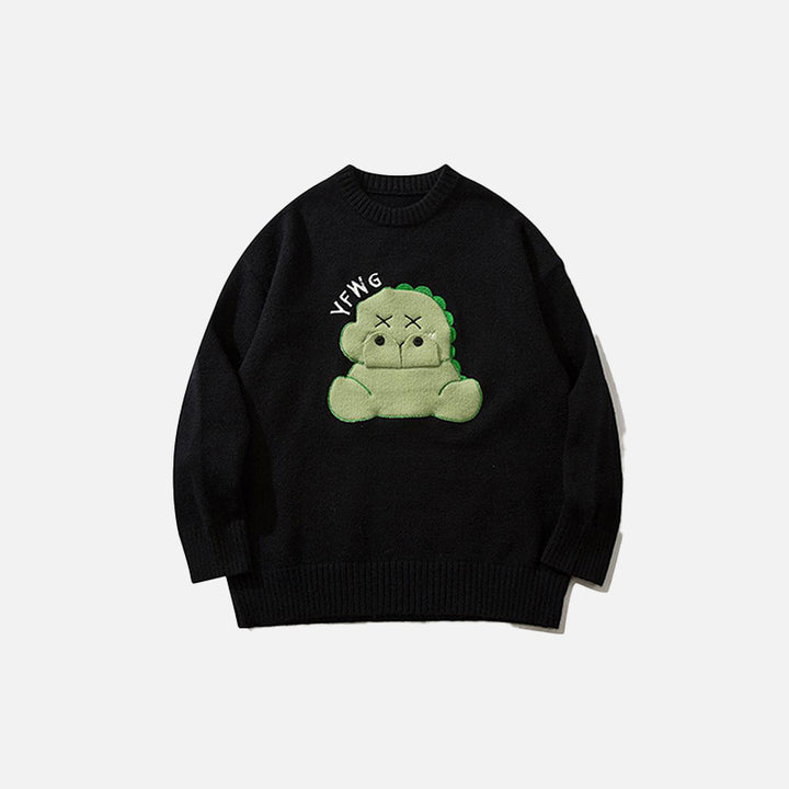 Front view of the Depressed Dinosaur Loose Sweater in a gray background