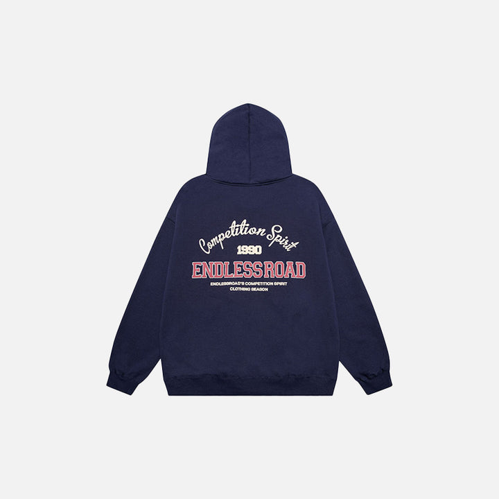 Back view of the navy blue Loose Retro Endless road Hoodie in a gray background 