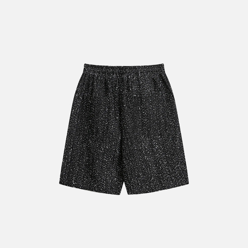 Back view of the black Modern Speckled Drawstring Shorts in a gray background 