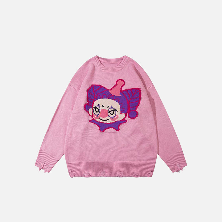 Front view of the pink Loose Clown Pattern Sweater in a gray background